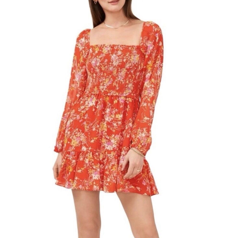 1. State Red Orange Boho Floral Square Neck Smocked Dress Sz XL Euro Summer